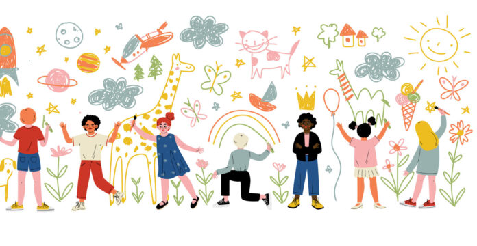 Kids of Different Nationalities Painting and Drawing with Brushes and Pencils on White Wall Vector Illustration