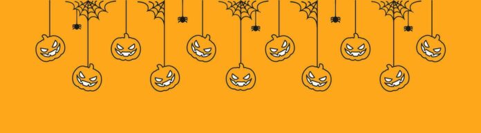 happy-halloween-banner-or-border-with-jack-o-lantern-pumpkins-hanging-spooky-ornaments-decoration-illustration-trick-or-treat-party-invitation-vector